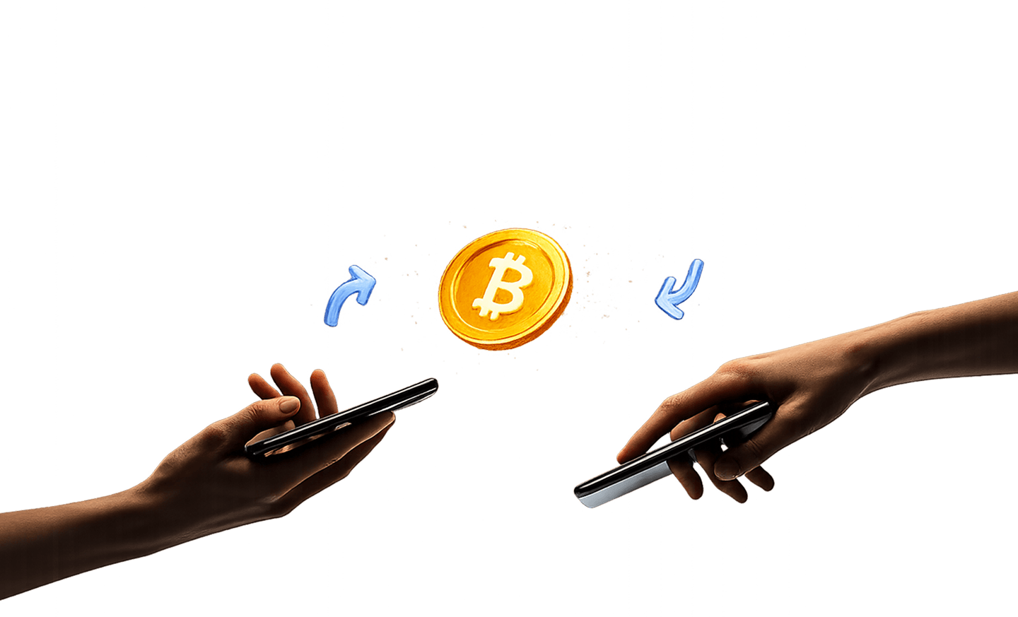 A Bitcoin coin passing between two hands holding phones