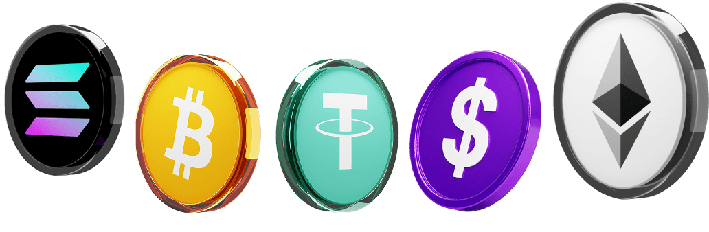 Solana, Bitcoin, Tether, USD and Ethereum coins